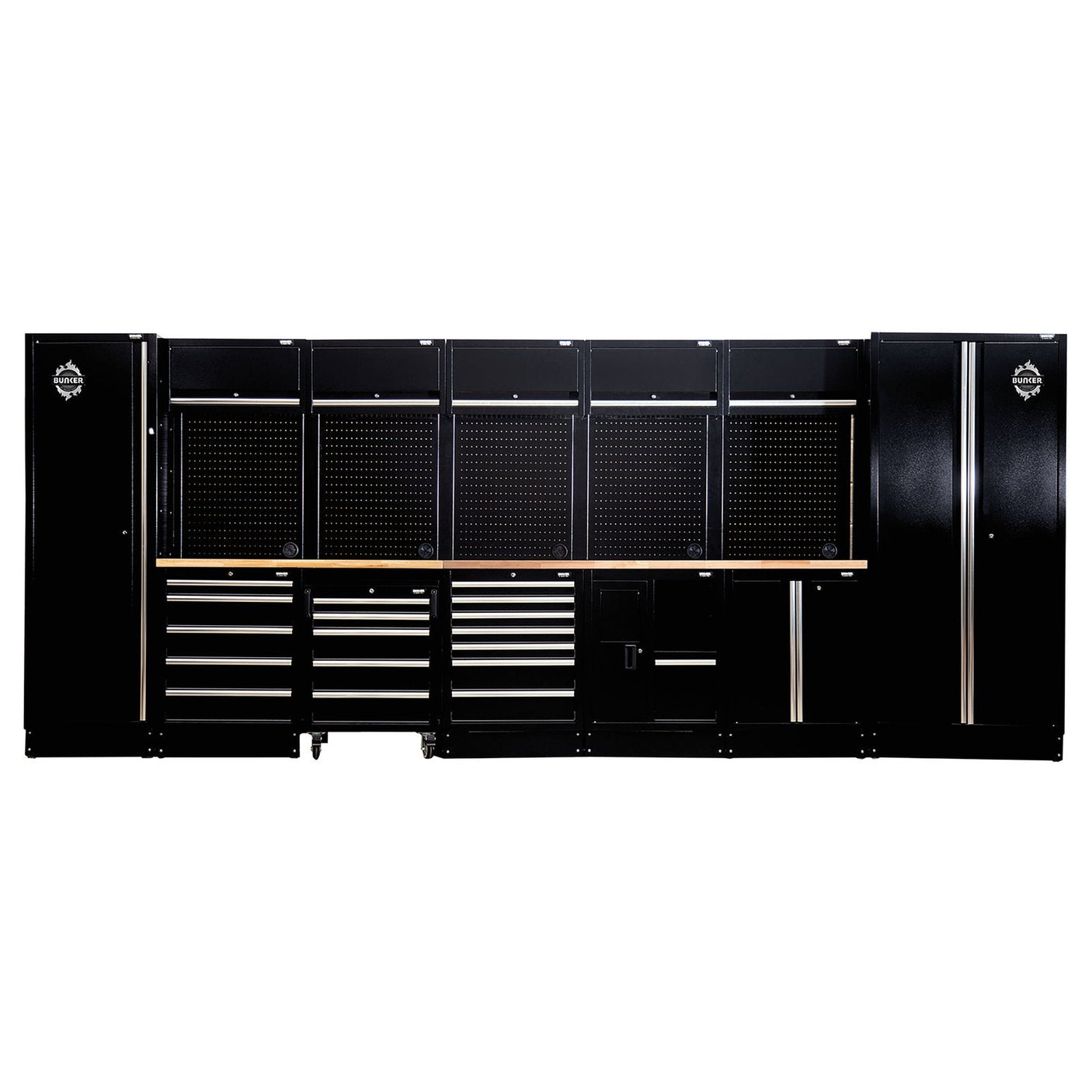 A Draper Bunker® Modular Storage Combo With Hardwood Worktop (25 Piece) - MS400COMBO/25B, featuring multiple drawers, cabinets, and pegboards, crafted from premium-quality steel in a large black design.