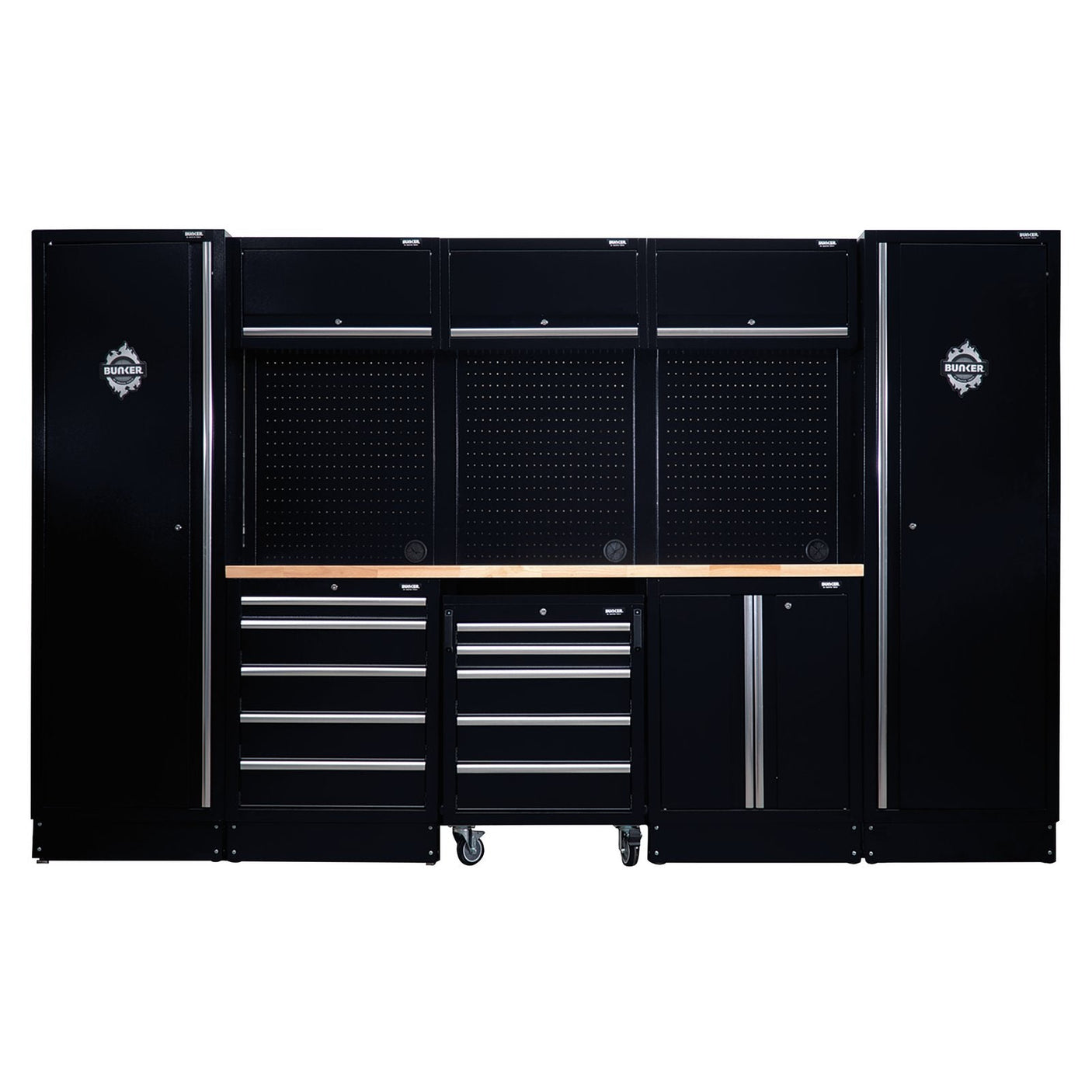 The Draper Bunker® Modular Storage Combo With Hardwood Worktop (16 Piece) - MS400COMBO/16A is a large, black garage storage system featuring multiple drawers, adjustable shelves, and premium-quality steel cabinets. It also includes a wooden work surface designed for efficiently organizing and storing tools and equipment.