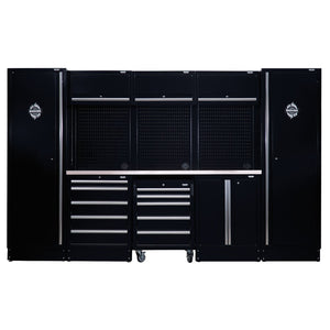 The Draper Bunker® Modular Storage Combo With Stainless Steel Worktop (16 Piece) - MS400COMBO/16B features a black, premium-quality steel garage tool storage solution with multiple cabinets, drawers, and a workbench with pegboard backing. Its durable matt black powder-coated finish ensures organized tool storage and easy access.