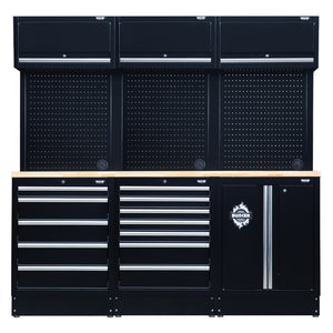 The Draper Bunker® Modular Storage Combo With Hardwood Worktop (14 Piece) - MS400COMBO/14A features a black metal tool chest with three overhead cabinets, a pegboard backing, and three lower cabinets with multiple drawers, along with a side door bearing the "BUNKER®" logo. Crafted from premium-quality steel and finished with a durable powder-coated coating set against a white background, this storage unit exemplifies excellence in both form and function.