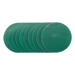 A stack of Draper Wet And Dry Sanding Discs With Hook And Loop, 75mm, 1000 Grit (Pack Of 10) - SDWOD75, perfect for automotive paint repair, is slightly fanned out, revealing "P1000" faintly on their green circular surfaces. These discs feature a convenient hook and loop backing for easy attachment.