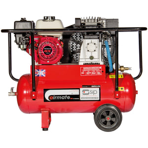 The SIP - ISHP55/50 Industrial Petrol Compressor (SIP-04444) by SIP comes with a HONDA GX160 engine, splash oil lubrication, a pressure gauge, and is mounted on a frame with two wheels for easy mobility.