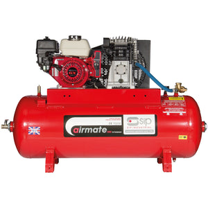 The SIP-ISHP55/150ES Industrial Petrol Compressor (SIP-04451) by SIP, featuring a powerful HONDA GX160 163cc engine, is a robust air compressor in red with various components and adorned with a UK flag sticker on the side.