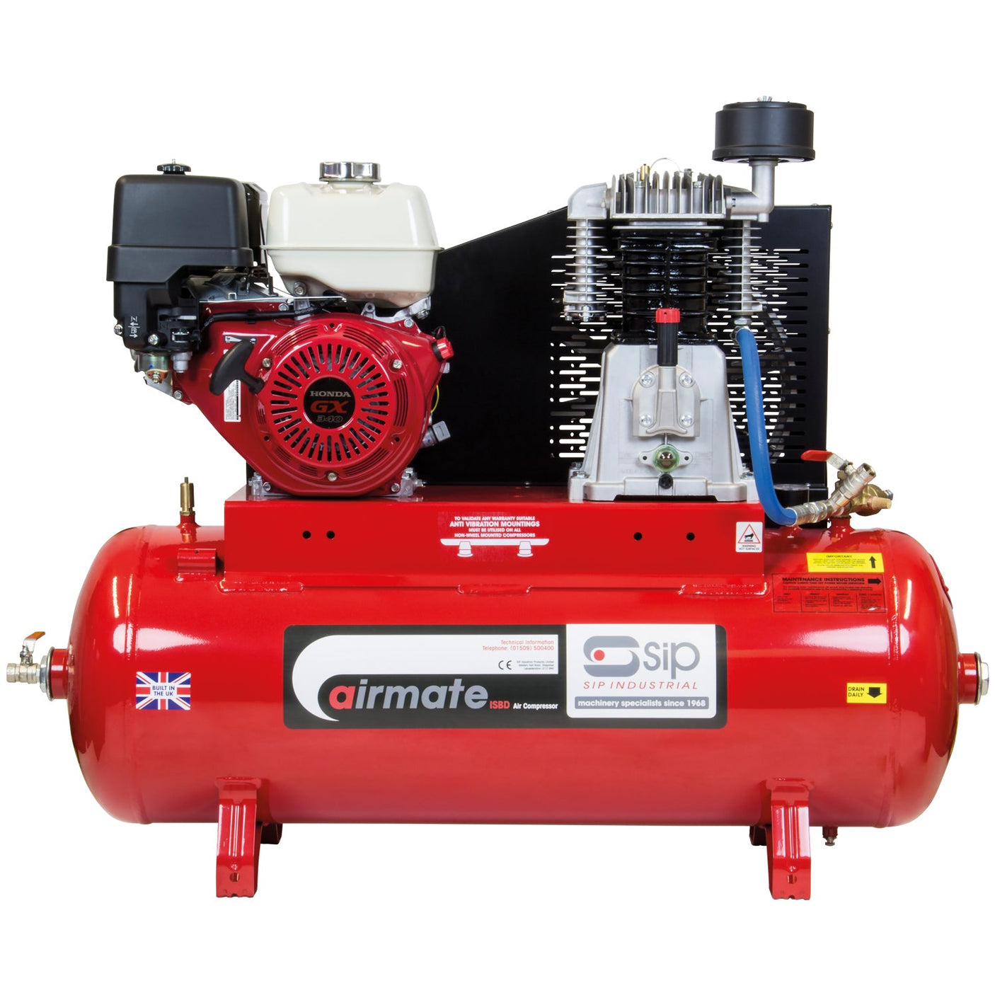 The SIP - ISHP11/150 Industrial Petrol Compressor, model number SIP-04459, features a HONDA GX340 engine, a motor, a pressure gauge, and bears the SIP Industrial label. It includes a UK flag sticker, various components, and has a black cooling fan. This red compressor is perfectly suited for industrial applications.