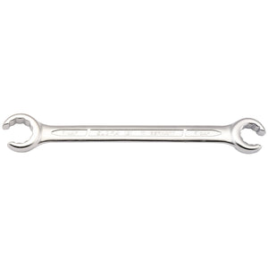 The Draper Elora Imperial Flare Nut Spanner, 5/8 x 3/4" - 121A-5/8x3/4 is a double-ended open wrench made from high-quality chrome vanadium steel and finished with a polished surface. It features two different sized openings on either end, providing versatility for various tasks. This spanner meets DIN 3118 Specifications for added reliability.