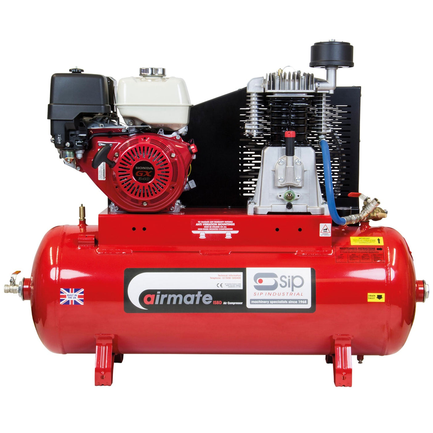 The SIP-04461 SIP - ISHP11/200 Industrial Petrol Compressor features a red body with a black and white motor module on top labeled "Airmate" by SIP Industrial. It includes various controls and indicators, bears a small British flag sticker, and is powered by a HONDA GX340 engine.