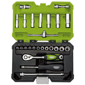 The Draper Expert Metric Socket Set, 1/4" Sq. Dr., Green (25 Piece) - B25MN/SG/GREEN, features a green and black tool case containing various six-point sockets, a 72-tooth reversible ratchet, screwdriver handles, and extension bars—all crafted from durable chrome vanadium steel.