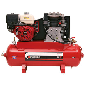 A red SIP - ISHP11/150ES Industrial Petrol Compressor, model number SIP-04465, adorned with a British flag sticker and featuring a HONDA GX340 petrol engine. The machine is mounted on a rectangular red base.