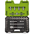 The Draper Expert mm/Af Combined Socket Set, 1/2" Sq. Dr., Green (41 Piece) - H41AM/B/GREEN is a green and black plastic case containing an assortment of socket wrenches, a reversible ratchet, and hand tools organized neatly in specific slots.