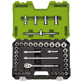 The Draper Expert mm/Af Combined Socket Set, 1/2" Sq. Dr., Green (41 Piece) - H41AM/B/GREEN is a green and black plastic case containing an assortment of socket wrenches, a reversible ratchet, and hand tools organized neatly in specific slots.