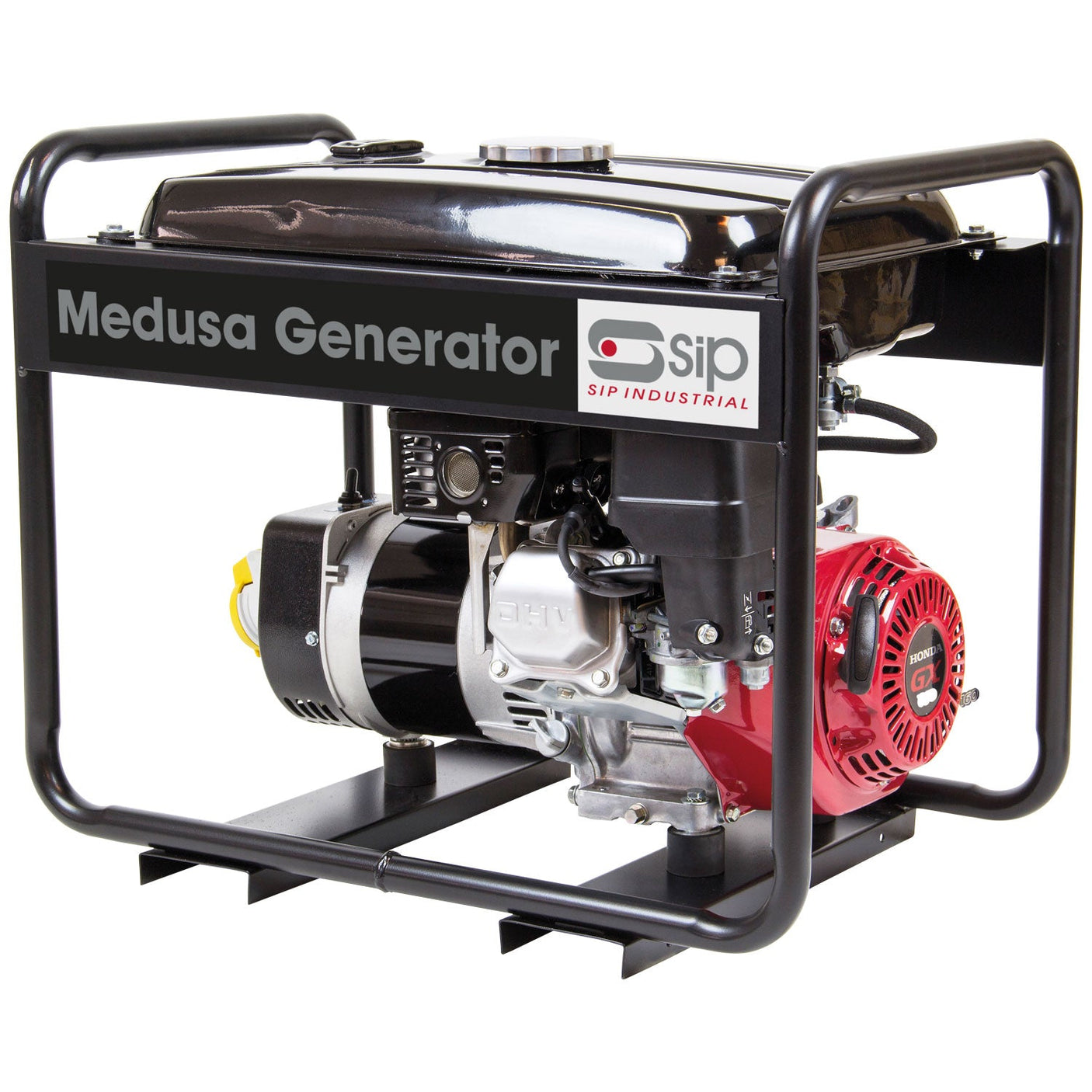 A SIP - MEDUSA MGHP35FLR HONDA petrol generator by SIP Industrial, featuring a black frame, red heavy-duty engine, and silver motor.