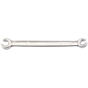 The Draper Elora Metric Flare Nut Spanner, 8 X 10mm - 121-8x10, is a double-ended wrench made from durable chrome vanadium steel with a polished chrome finish. It is tailored for precision work on compression nuts and meets DIN 3118 specifications.