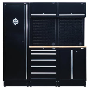 The Draper Bunker® Modular Storage Combo With Hardwood Worktop (11 Piece) - MS400COMBO/11A offers a comprehensive black garage storage solution, featuring a tall cabinet, drawers, a pegboard, and a workbench with a wooden top. Crafted from premium-quality steel and finished with a durable matte black textured industrial powder-coated finish, it is built to last.