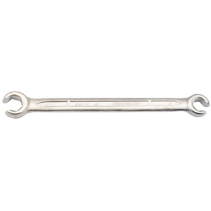 The Draper Elora Metric Flare Nut Spanner, 9 X 11mm - 121-9x11, crafted from chrome vanadium steel, features different-sized openings on each end. It's designed by Draper to expertly loosen or tighten nuts and bolts with durability and precision.