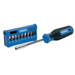 A Draper Screwdriver And Bit Set (19 Piece) - SBS19, featuring a blue and black screwdriver constructed from chrome vanadium steel with interchangeable bits, accompanied by a matching blue magnetic holder showcasing several bits.