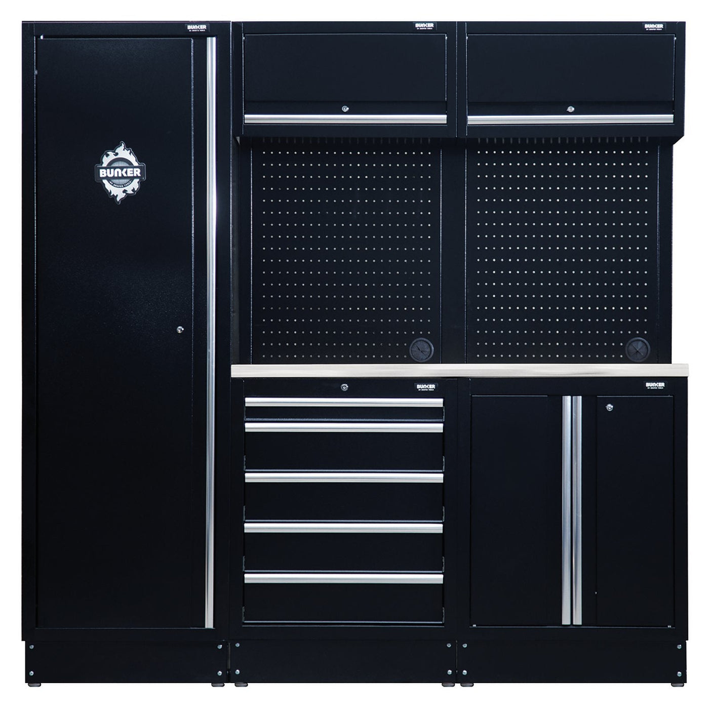 The Draper Bunker® Modular Storage Combo With Stainless Steel Worktop (11 Piece) - MS400COMBO/11B features a black garage unit with multiple drawers, a tall cabinet, and a pegboard back panel. Crafted from premium-quality steel, it boasts a durable matt black textured industrial powder-coated finish.