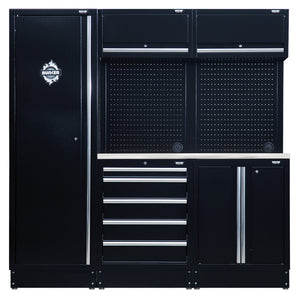 The Draper Bunker® Modular Storage Combo With Stainless Steel Worktop (11 Piece) - MS400COMBO/11B features a black garage unit with multiple drawers, a tall cabinet, and a pegboard back panel. Crafted from premium-quality steel, it boasts a durable matt black textured industrial powder-coated finish.