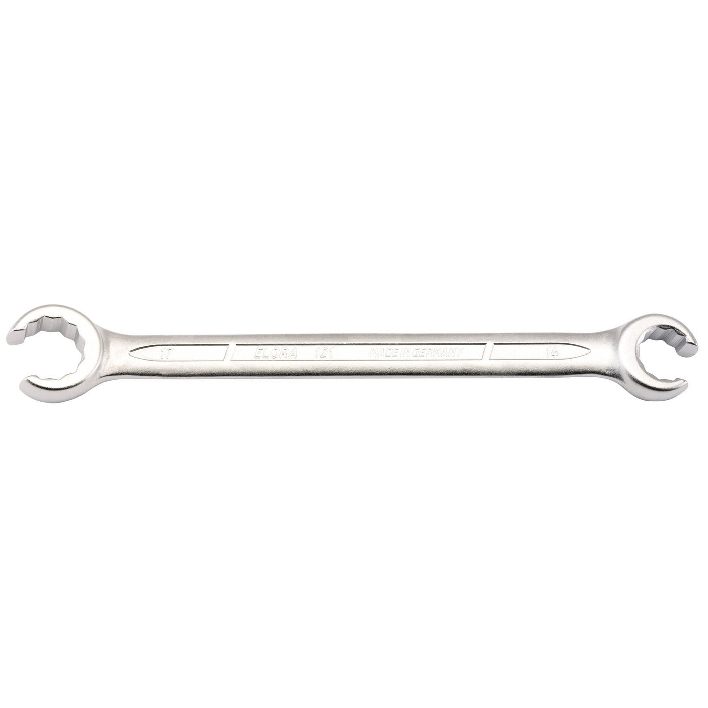 The Draper Elora Metric Flare Nut Spanner, 14 X 17mm - 121-14x17, is a double-ended open-ended wrench crafted from chrome vanadium steel with 14mm and 17mm sized openings on each end, meeting DIN 3118 Specifications.