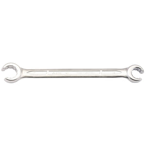 The Draper Elora Metric Flare Nut Spanner, 14 X 17mm - 121-14x17, is a double-ended open-ended wrench crafted from chrome vanadium steel with 14mm and 17mm sized openings on each end, meeting DIN 3118 Specifications.