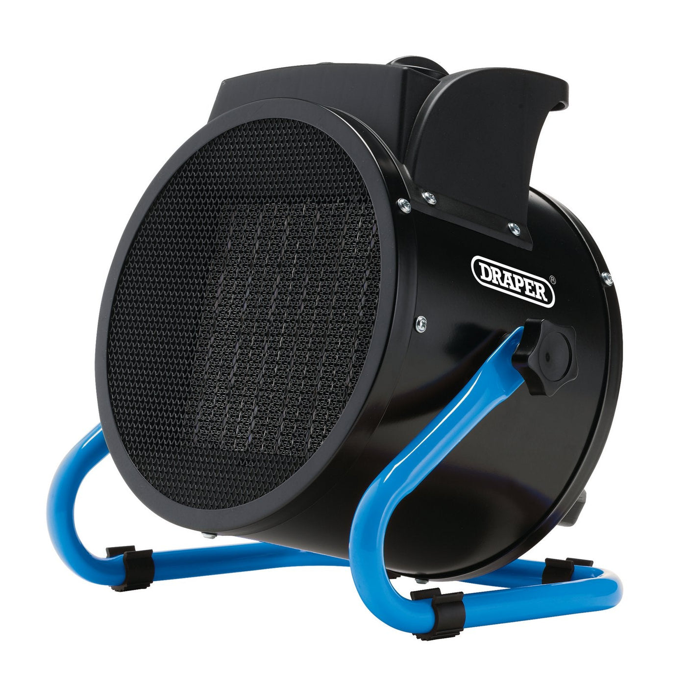 The Draper 230V PTC Electric Space Heater, 2.8KW, 9554 BTU - ESH3000PTC is a black and blue portable electric heater with a cylindrical shape. It features a mesh front and prominently displays the brand name "Draper" on the side. This electric space heater is equipped with a PTC ceramic heating element, making it ideal for industrial settings.