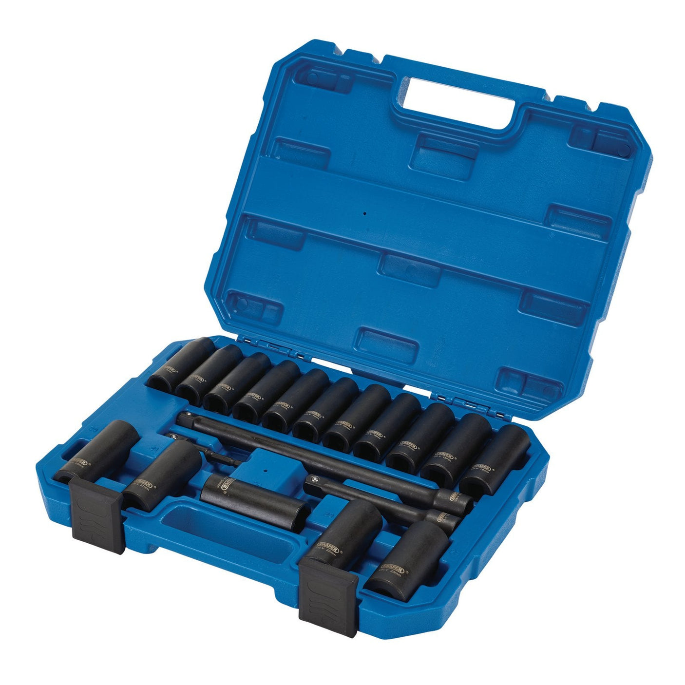 A Draper Hi-Torq® Metric Deep Impact Socket Set, 1/2" Sq. Dr. (19 Piece) - 410D/19/MM made from chrome vanadium steel, arranged in slots within a blue plastic toolbox with a handle.