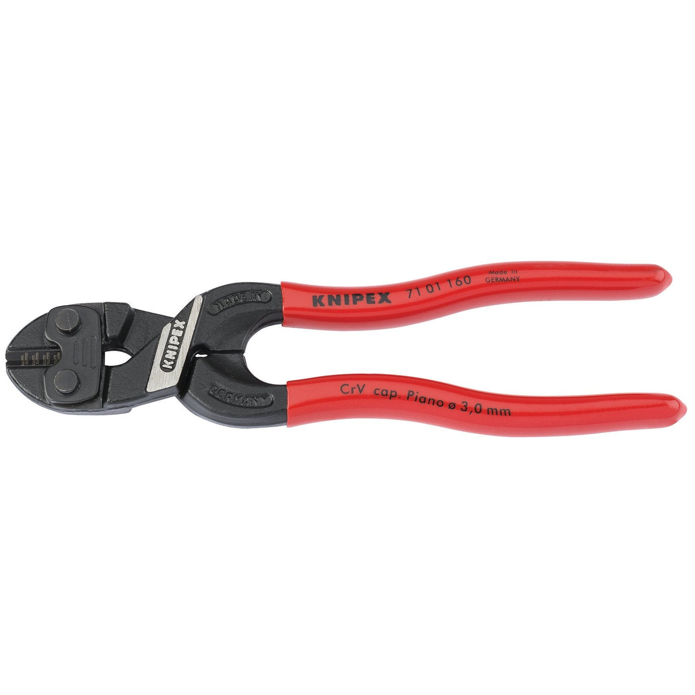 A pair of Draper Knipex Cobolt® Compact Bolt Cutters, 160mm - 71 01 160 SB with red handles and black metal cutting jaws, capable of slicing through piano wire.