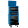 A blue Draper Combination Roller Cabinet And Tool Chest, 15 Drawer, 26" - DTKCTCB, featuring ball bearing runners and a top compartment that is partially open.