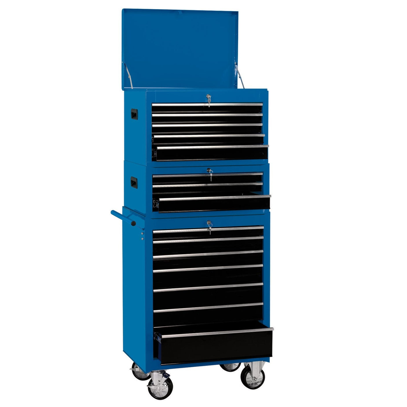 A blue Draper Combination Roller Cabinet And Tool Chest, 15 Drawer, 26" - DTKCTCB, featuring ball bearing runners and a top compartment that is partially open.