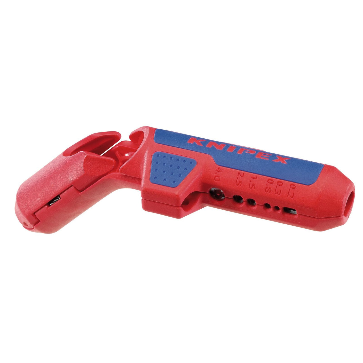 The Draper Knipex Ergostrip Universal 3 In 1 Tool (Left Handed) - 16 95 02 SB, available in red and blue, features a handle and multiple holes for various wire sizes.