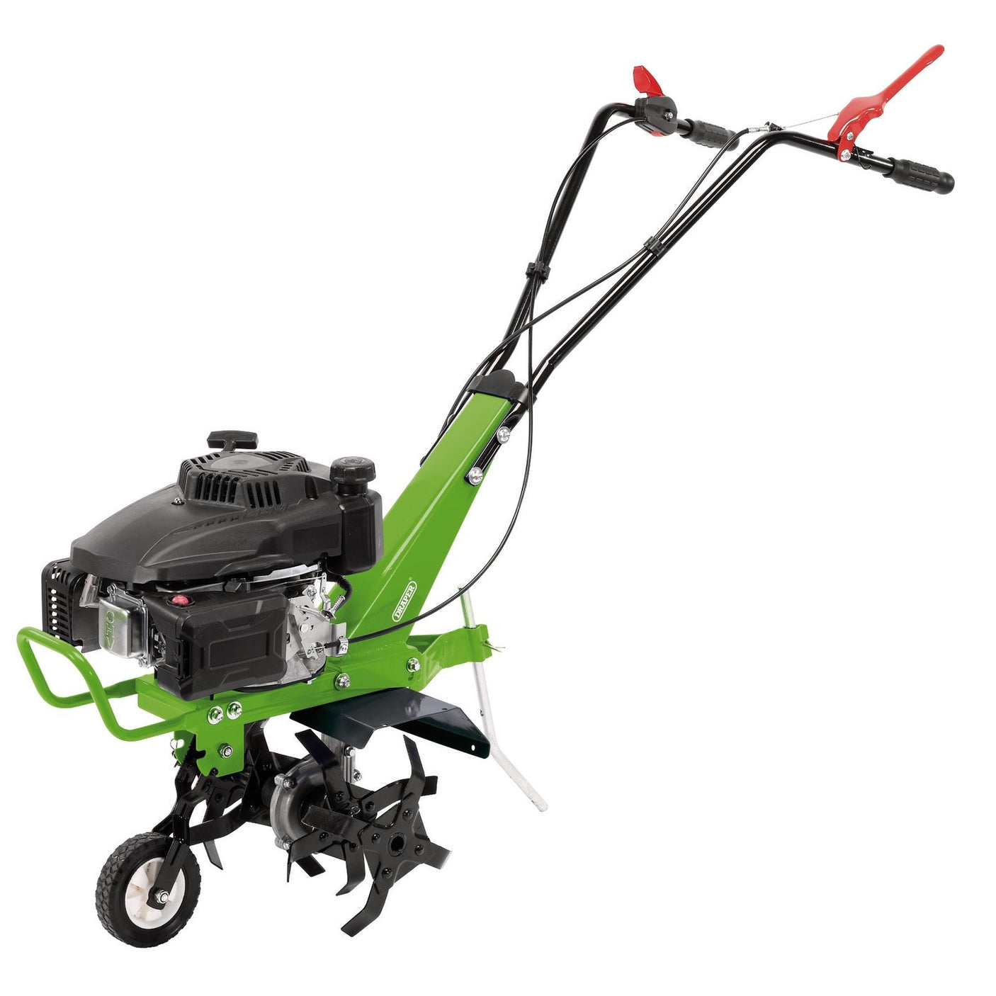 The Draper Petrol Cultivator/Tiller, 141Cc - CP145, is a green and black soil cultivation tool featuring handlebars, an engine, and rotating tines. It boasts four robust blades and an adjustable tilling depth.