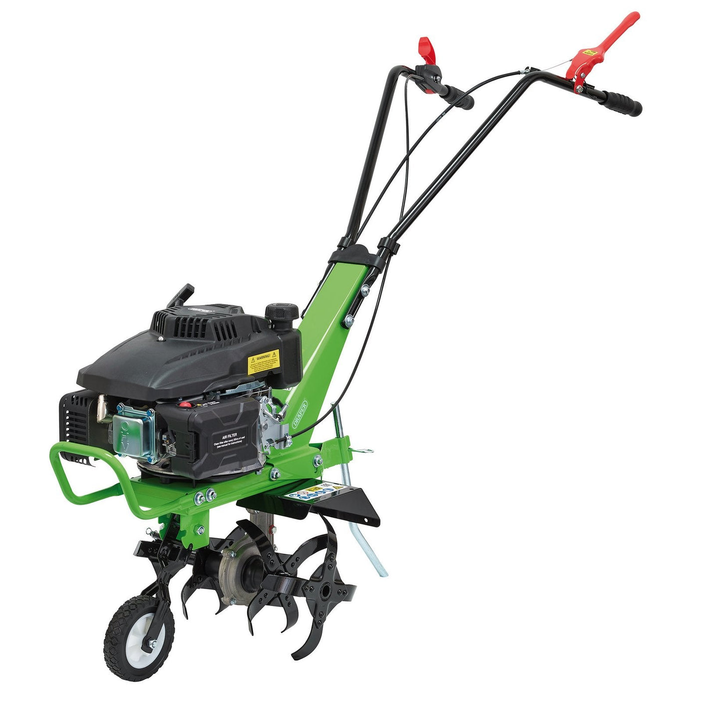 The Draper Self-Propelled Petrol Tiller And Cultivator, 560mm, 161Cc/9Hp - CP165 is a green and black garden tiller with a black handlebar and red grips. Designed for soil cultivation, it features a powerful 161cc 4-stroke petrol engine. Equipped with rotating blades at the bottom, wheels for mobility, and an adjustable tilling depth, this tiller can easily tackle various gardening tasks.