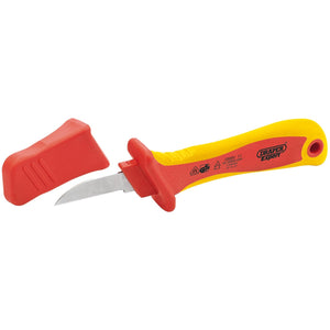 A Draper Vde Approved Fully Insulated Cable Knife, 200mm - ICK features a red and yellow insulated handle, an EN60900-compliant insulated blade with a partially exposed edge, and a red plastic protective cover on the side—designed for heavy-duty use.