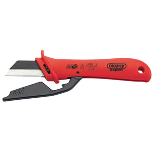 The Draper Expert Vde Cable Knife, 190mm - ICKR is a precision cutting tool with an insulated red handle and a black blade cover. Equipped with a replaceable blade, this knife conforms to EN60900 standards for enhanced safety and durability.