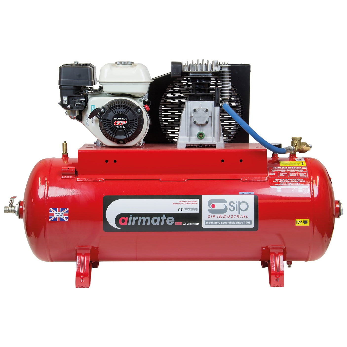 A SIP - ISHP6/150 Super Petrol Compressor - SIP-04650 is shown, featuring various gauges, valves, and a motor. Powered by a reliable HONDA GP200 EURO V petrol engine, the red compressor also includes a British flag sticker and a label with product details.