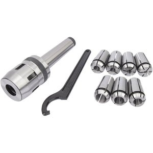 The Draper Mill Chuck Set, Mt3 - M12 Diameter, 4 - 16mm (MILL-10037) includes a collet chuck, a spanner wrench, and six precision collets of varying sizes, all arranged on a white background.