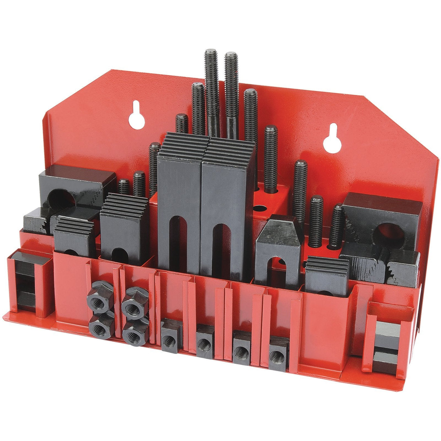 The Draper Clamping Kit (42 Piece) - MILL-10047 features a red metal tool organizer that efficiently holds various black bolts, clamps, and hardware components, making it perfect for workshop or garage use.