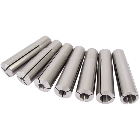 The Draper Collet Set, Mt3 - M12 Diameter, 4 - 16mm - MILL-10126 features seven narrow, cylindrical metal collets arranged in a row, each with a slit running almost its entire length.