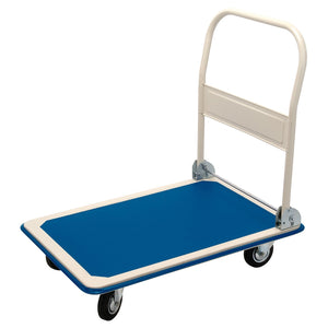 The Draper Platform Trolley With Folding Handle, measuring 900 x 600 x 850mm and capable of handling up to 300Kg, features a metal handle, four wheels, heavy-duty steel construction for durability, and rubber protective edges for added safety.