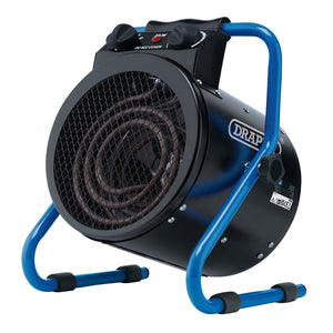 The Draper 230V Electric Space Heater, 2kW, 6824 BTU - ESH2000F features a black cylindrical body, blue stand, and two control knobs on top. Ideal for indoor use, this heater ensures efficient warmth wherever you need it.