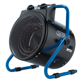 The Draper 230V Electric Space Heater, 2.8Kw, 9554 Btu - ESH2800F, features a black and blue design with a mesh front and control knobs on top. It also includes thermal overload protection for added safety.
