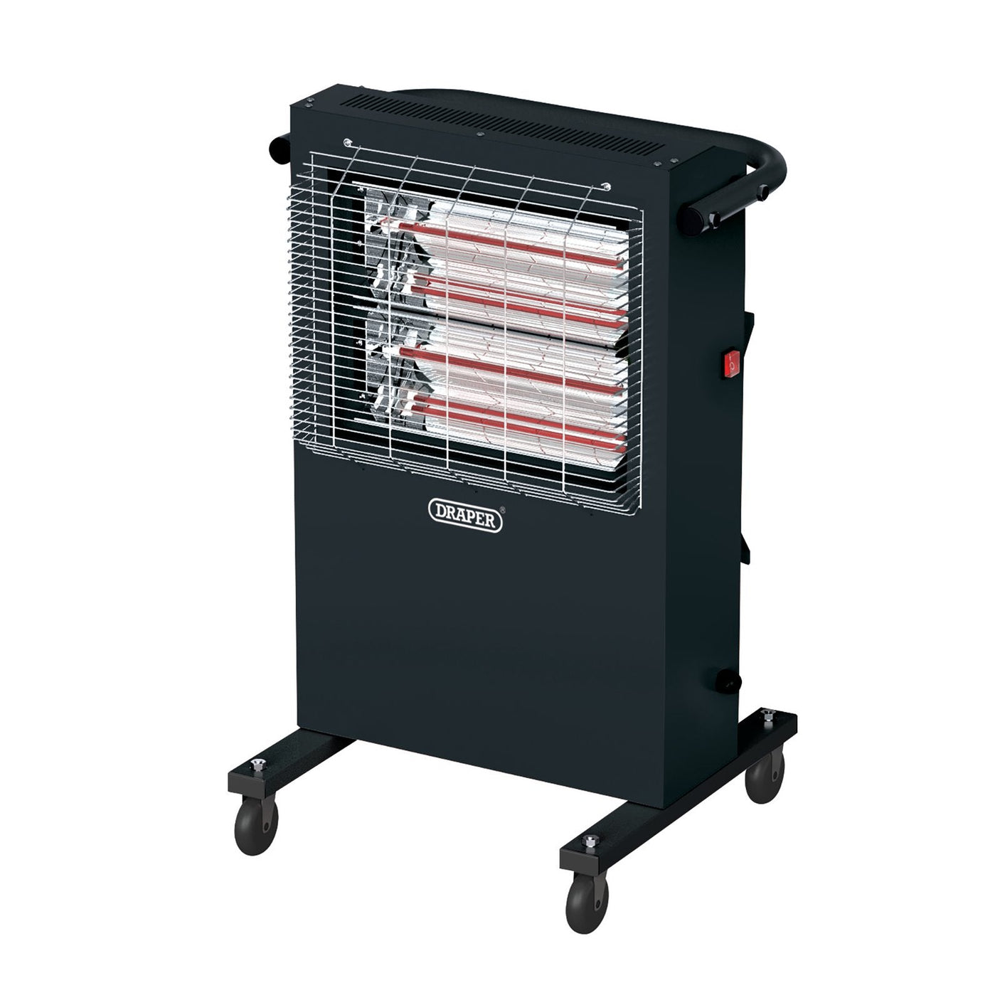 The Draper 230V Infrared Cabinet Heater, 2.8Kw, 9553 Btu - IRH2800 features twin ruby halogen elements encased in a protective grille and is mounted on four wheels for easy mobility, making it ideal for commercial and industrial environments.