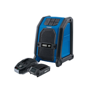 The Draper D20 20V Wireless Speaker Kit (3 Piece) - *FD2022 is a blue, black, and gray portable wireless speaker with power buttons and input ports, accompanied by a Li-ion battery and a charger.