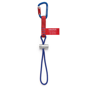 Image of a Draper Knipex 00 50 13 T BK Adapter Strap with a fixated carabiner, red strap, and metal connector at the end, used for securing tools at heights. Suitable for model 00 50 13 T BK.