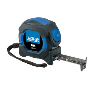 Image of a Draper Auto Lock Measuring Tape, 8M/26Ft X 25mm - AMTBB/12, partially extended, featuring dual-sided metric and imperial markings, with a black and blue casing and a wrist strap.