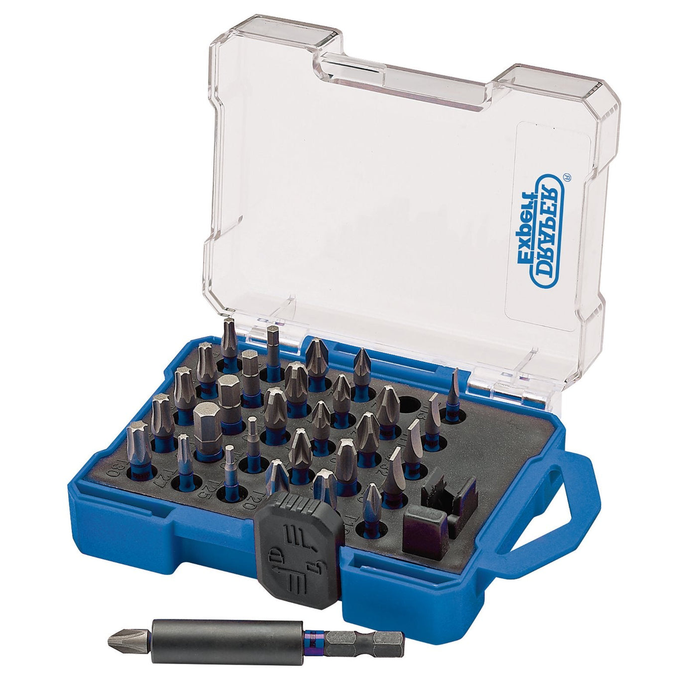 The Draper Expert Impact Screwdriver Bit Set (31 Piece) - IMBH31 is organized in a blue plastic case with a clear lid. One bit is attached to a black and silver magnetic bit holder, placed in front of the case.