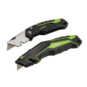 The Draper Retractable & Folding Trimming Knife Set (TFK2/BK), which includes two utility knives with green and black handles, features one knife with an extended SK2 steel blade and another folding knife with the blade retracted.