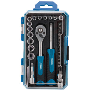 The Draper Socket Set, 1/4" Sq. Dr. (35 Piece) - 1/4SS35 is a compact tool set in a blue and clear plastic case, featuring a 72-tooth ratchet wrench, screwdrivers, various sockets, and bits, all crafted from durable chrome vanadium steel.