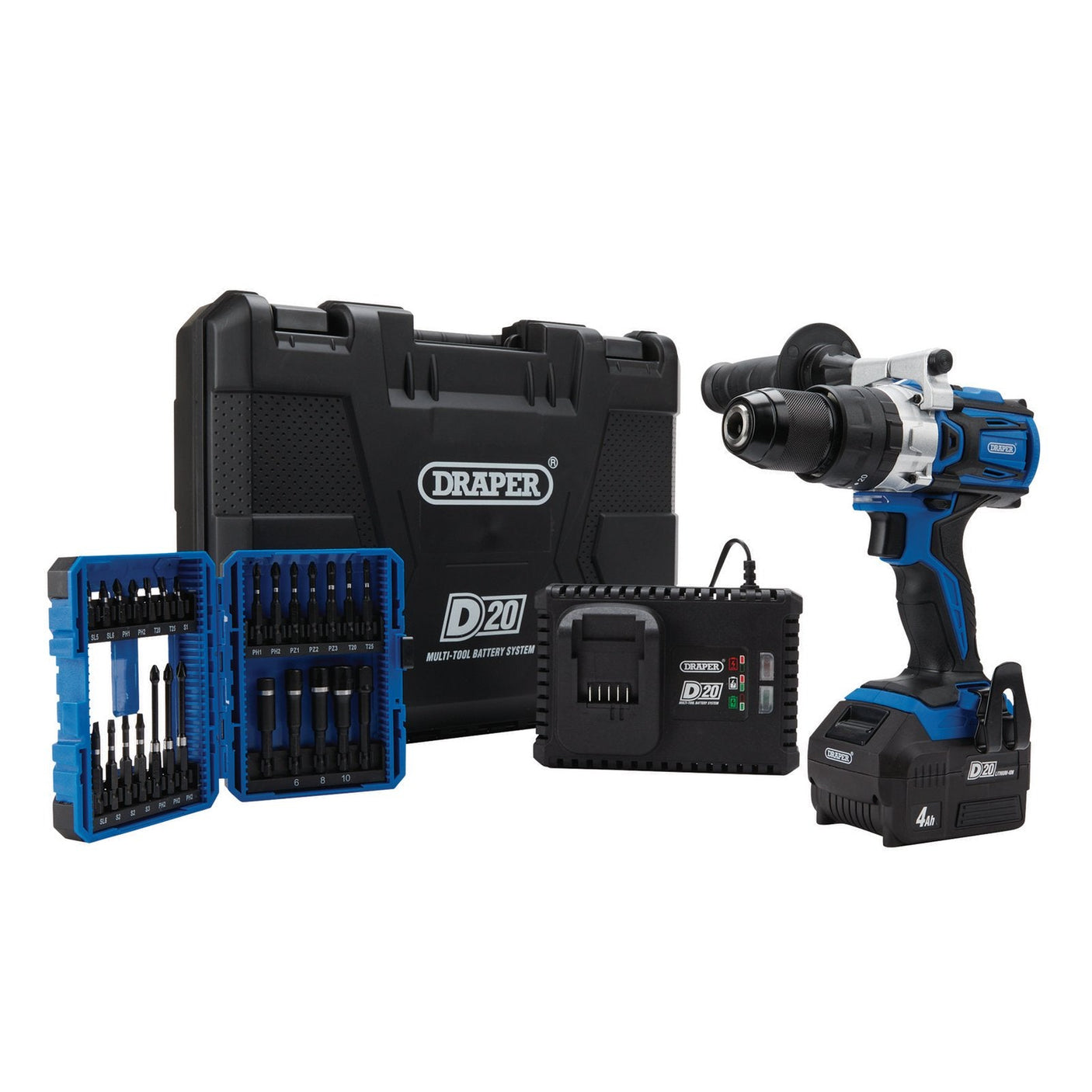 The Draper D20 20V Brushless Combi Drill Kit & Draper Expert Impact Screwdriver Bit Set (26 Piece) comes with a convenient carrying case, various drill bits, and a charger. The efficient D20 multi-tool battery system ensures you have all the power you need for any task.