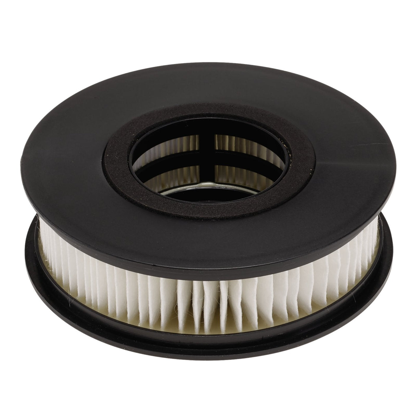 A round black and white air filter with a pleated paper element in the center, suitable as a replacement Draper P3 air filter for various applications including use with the Draper Welding Helmet - Stock No. 02518 - Model AWHAFVS-02.