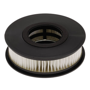 A round black and white air filter with a pleated paper element in the center, suitable as a replacement Draper P3 air filter for various applications including use with the Draper Welding Helmet - Stock No. 02518 - Model AWHAFVS-02.